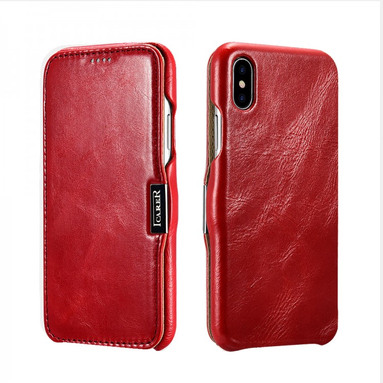 Θήκη ICARER FOLIO Δερμάτινη VINTAGE για Apple iPhone X, XS - KOKKINO