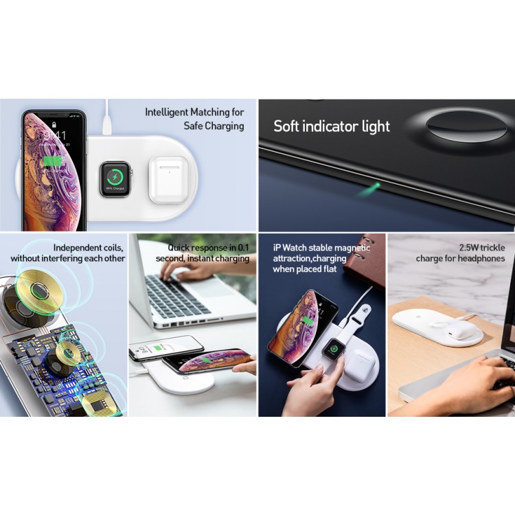 BASEUS SMART 3IN1 Ασύρματoς Φόρτιστης Qi Fast Charge Edition για Smartphone, Apple watch και Apple Airpods - ΛΕΥΚΟ