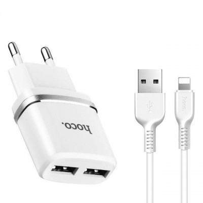 HOCO NETWORK DUAL-PORT HOME mobile device charger 2.4AMP with Lightning cable - WHITE - C12