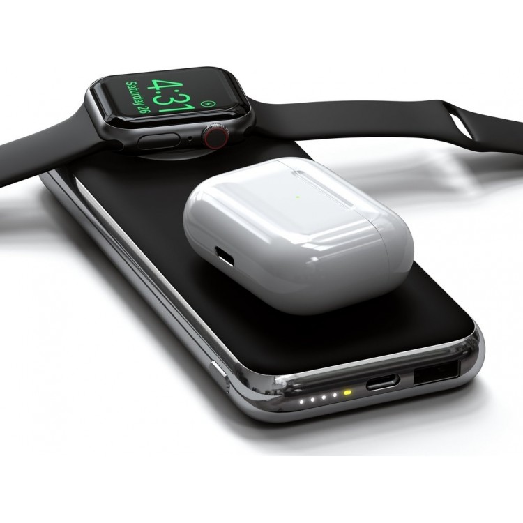 SATECHI Quatro 10.000mAh Powerbank Φορτιστής Αλουμινίου με built-in Apple Watch φορτιστή και Ασύρματος Qi Φορτιστής για Airpods, Smartphones - ΜΑΥΡΟ - SA-ST-UC10WPBM 