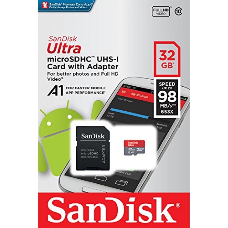 SanDisk Ultra ANDROID microSD 32GB 98 MB/s UHS-I A1 PLUS SD Adapter - SDSQUNC-032G-GN6MA 