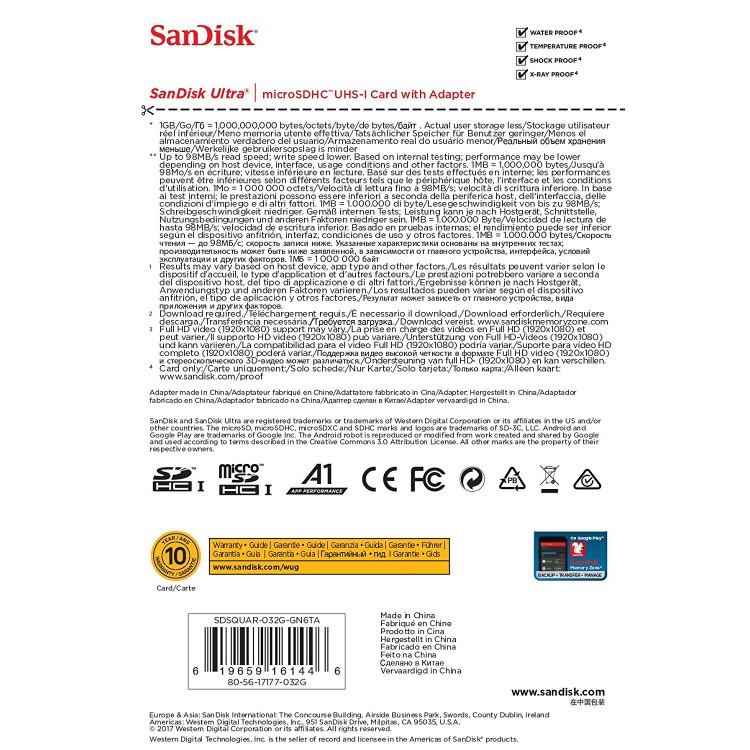 SanDisk Ultra ANDROID microSD 32GB 98 MB/s UHS-I A1 PLUS SD Adapter - SDSQUNC-032G-GN6MA 