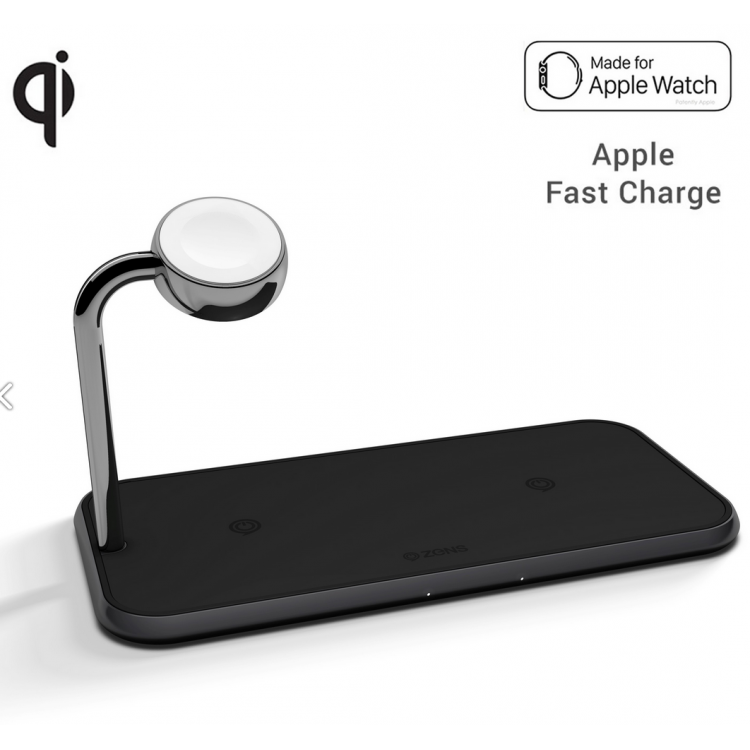 Zens Ασύρματος Qi Διπλός Φορτιστής Αλουμινίου με φορτιστή 10W για Apple Watch Series - ΜΑΥΡΟ - ZEDC05B00