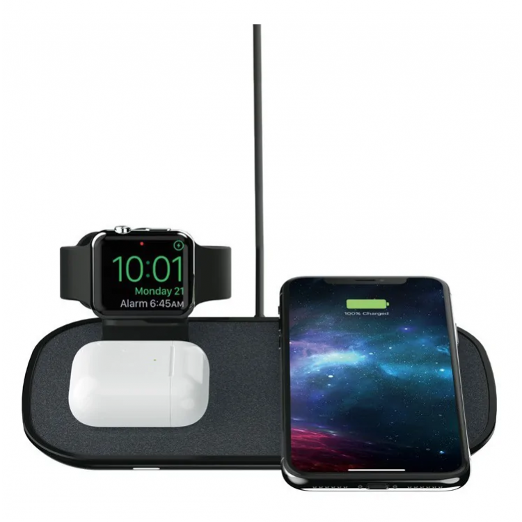 Mophie 3-in-1 Ασύρματος Qi Tριπλός Φορτιστής με φορτιστή για Apple Watch, AirPods, iPhone series - ΜΑΥΡΟ - MPH014
