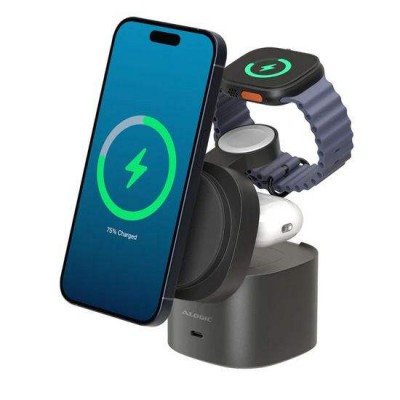 ALOGIC PowerPod 4-σε1 Universal Φορτιστής ταξιδίου, Qi2/MagSafe Wireless Charger for iPhone, Apple Watch, Earbuds και USB-C συσκευές - ΜΑΥΡΟ - AL-AL41WCPO-BK