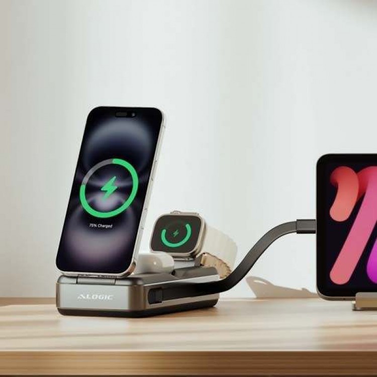 ALOGIC Roam 21.000mAh 6-σε1 Universal Φορτιστής ταξιδίου, Power Bank 15W Qi2, USB-C ,100W με ενσωματωμένο retractable USB-C καλώδιο - ΜΑΥΡΟ - AL-R20KWCPB100W
