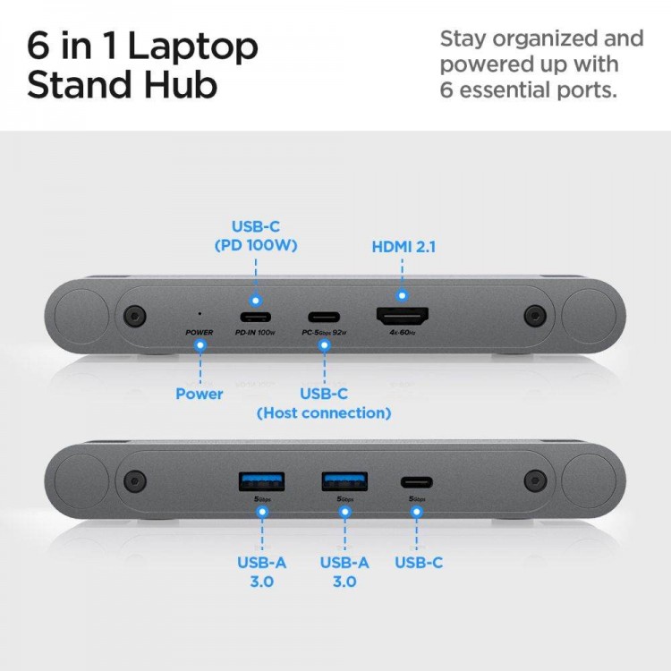 SPIGEN SGP ArcDock 6-σε-1 LD204H LAPTOP STAND HUB UNIVERSAL περιστρεφόμενη βάση Aλουμινίου για Noteboos, laptops εώς 15.6" - ΓΚΡΙ  - AMP08885