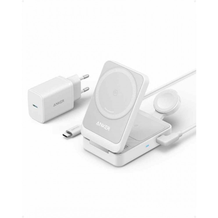 Anker MagGo 15W MAGSAFE Σταθμός φόρτισης 3in1 Qi2 για Apple WATCH Series, AIRPODS με 40W USB-C φορτιστή Type-C καλώδιο - ΛΕΥΚΟ - B2557321