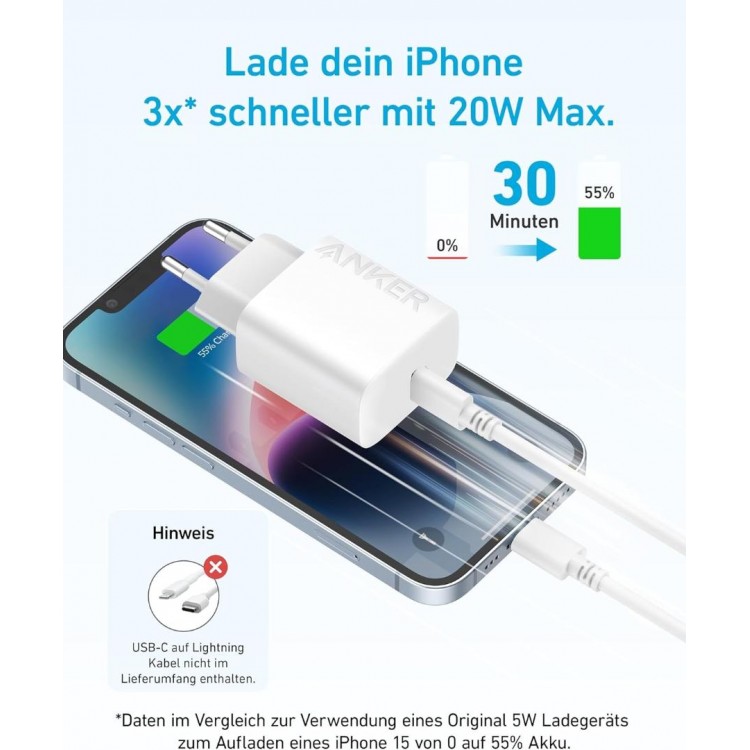 Anker 20W Οικιακός Φορτιστής με 1xType-C θύρα και 1.5μ. USB-C καλώδιο φόρτισης - EU PLUG - ΛΕΥΚΟ -  B2347321