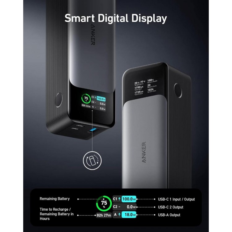 Anker 24.000mAh 737 GaN Prime PowerBank PD 3.1 UNIVERSAL Εξωτερική Μπαταρία 140W, Digital Display, 2 x USB-C/ 1 x USB-A Port για SmartPhones, Tablets, MacBook - ΜΑΥΡΟ - A1289011