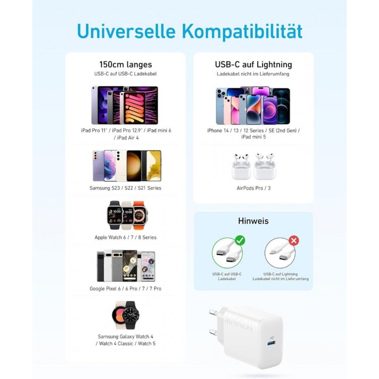 Anker 20W Οικιακός Φορτιστής με 1xType-C θύρα και 1.5μ. USB-C καλώδιο φόρτισης - EU PLUG - ΛΕΥΚΟ -  B2347321