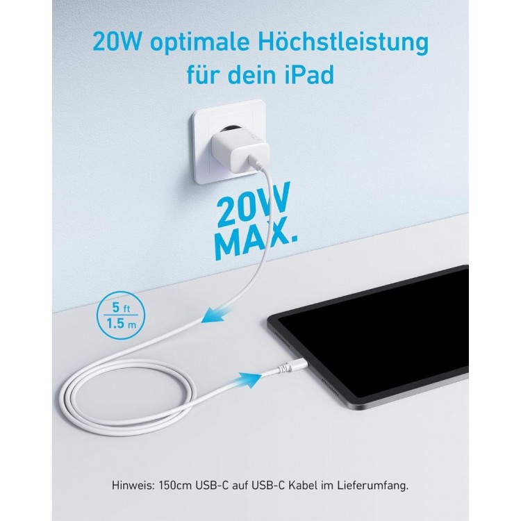 Anker 20W Οικιακός Φορτιστής με 1xType-C θύρα και 1.5μ. USB-C καλώδιο φόρτισης - EU PLUG - ΛΕΥΚΟ -  B2347321