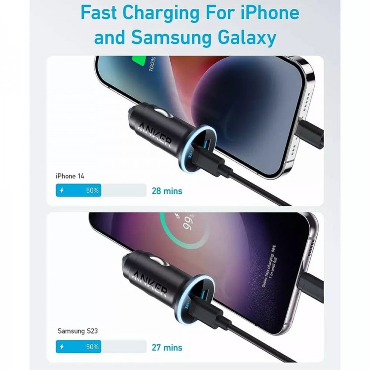 Anker 52.5W Φορτιστής Αυτοκινήτου LED Light 323, 3A, 1xUSB-A /1xUSB-C - ΜΑΥΡΟ - A2735G11