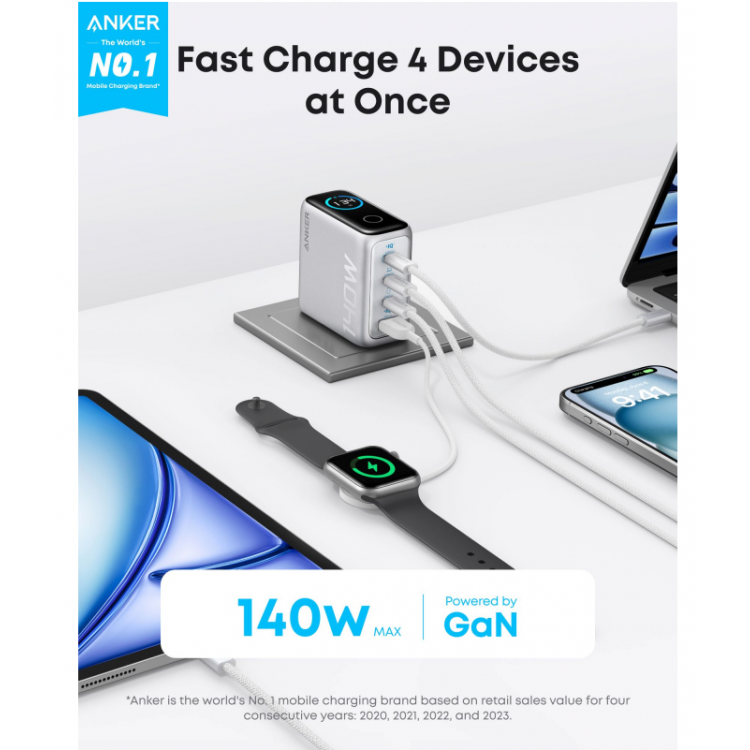 Anker 140W 5A Οικιακός Φορτιστής Zolo, φορτιστής Laptop, 4-θύρες Multi-Devices GaN Γρήγορης φόρτισης, 1xUSB-A, 3xUSB-C, με USB-C καλωδιο - EU PLUG - ΑΣΗΜΙ - B2697G41