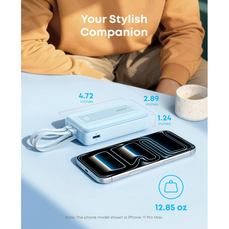 Anker 20.000mAh PowerBank QC + PD, UNIVERSAL Εξωτερική Μπαταρία 45W, Digital Display, 1xUSB-C/1xUSB-A με ενσωματωμένα 2x καλώδια USB-C για SmartPhones, Tablets - ΜΑΥΡΟ - A1681H12 