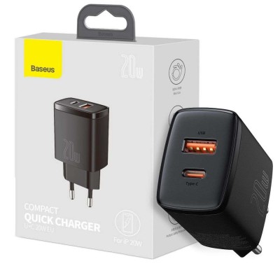 BASEUS SPEED 2-PORT USB-A and USB-C NETWORK CHARGER PD 20W, QC3.0 Quick Charger 3.0Amp - BLACK - CCXJ-B01