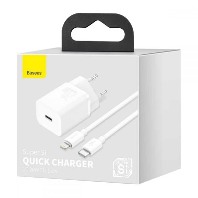 BASEUS Speed TRAVEL HOME SUPER SI NETWORK Quick Charger, PD20W + LIGHTNING CABLE - WHITE