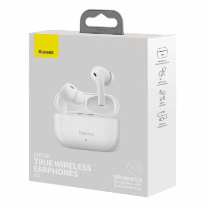 BASEUS Encok True Ασύρματα ακουστικά Bluetooth 5.0 Earphones με θήκη φόρτισης - ΛΕΥΚΟ - W3 TWS