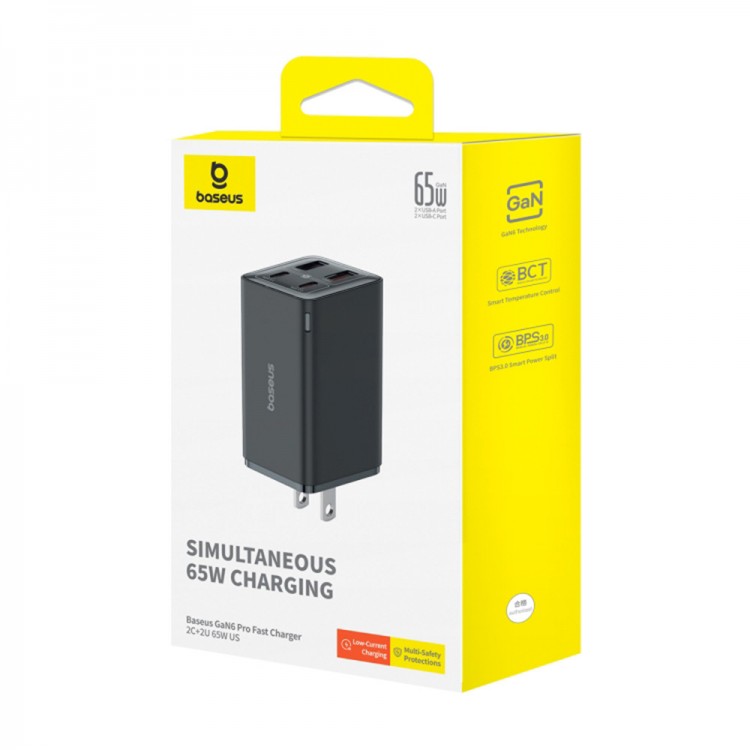 Baseus US Plug Wall Charger GaN6 Pro, 2x USB, 2x Type-C, 65W, Cable Type-C, 100W, 20V, 5A, 1m - ΜΑΥΡΟ - P10162702113-00