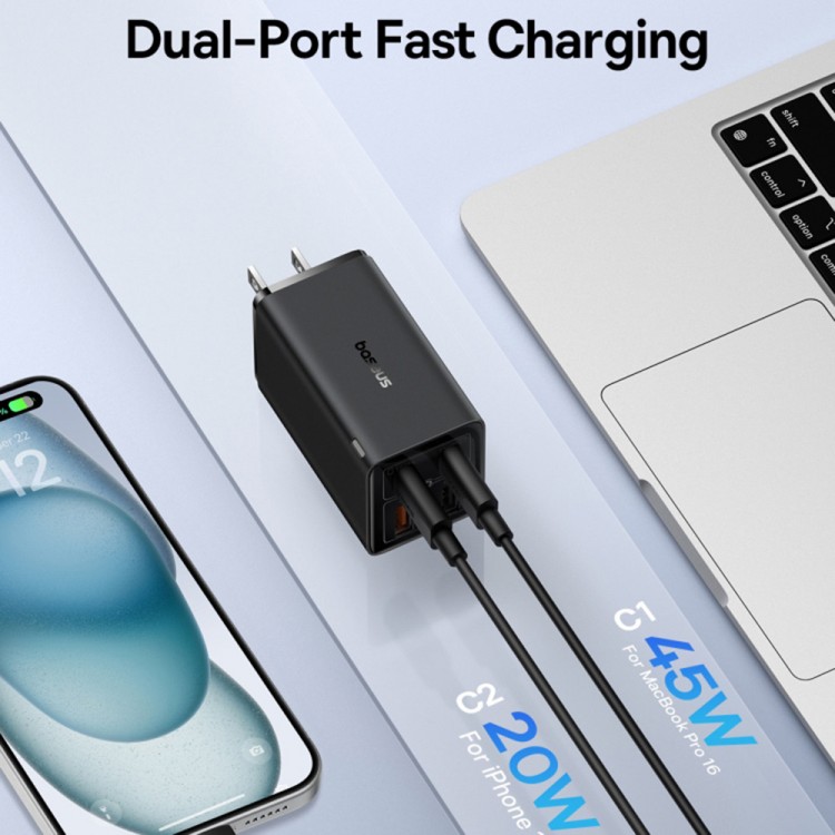 Baseus US Plug Wall Charger GaN6 Pro, 2x USB, 2x Type-C, 65W, Cable Type-C, 100W, 20V, 5A, 1m - ΜΑΥΡΟ - P10162702113-00