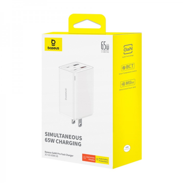 Baseus US Plug Wall Charger GaN6 Pro, 2x USB, 2x Type-C, 65W, Cable Type-C, 100W, 20V, 5A, 1m - ΛΕΥΚΟ - P10162702213-00