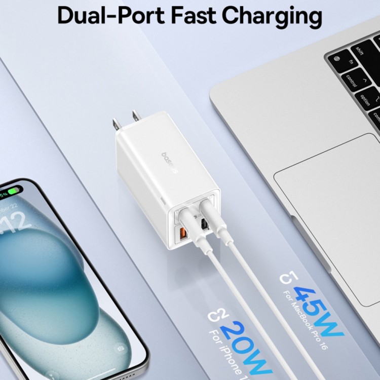 Baseus US Plug Wall Charger GaN6 Pro, 2x USB, 2x Type-C, 65W, Cable Type-C, 100W, 20V, 5A, 1m - ΛΕΥΚΟ - P10162702213-00