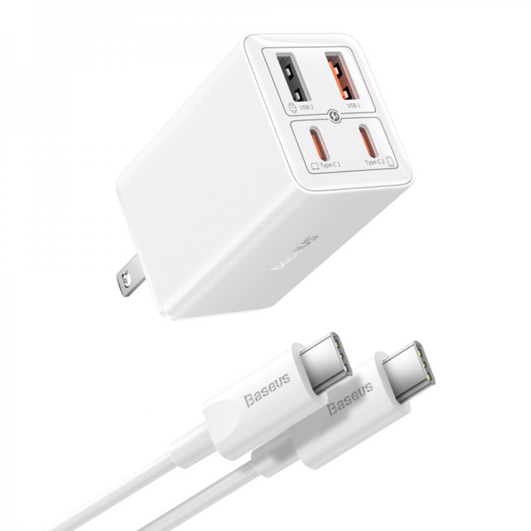 Baseus US Plug Wall Charger GaN6 Pro, 2x USB, 2x Type-C, 65W, Cable Type-C, 100W, 20V, 5A, 1m - ΛΕΥΚΟ - P10162702213-00