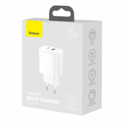 BASEUS SPEED 2-PORT USB-A and USB-C NETWORK CHARGER PD 20W, QC3.0 Quick Charger 3.0Amp - WHITE - CCXJ-B02