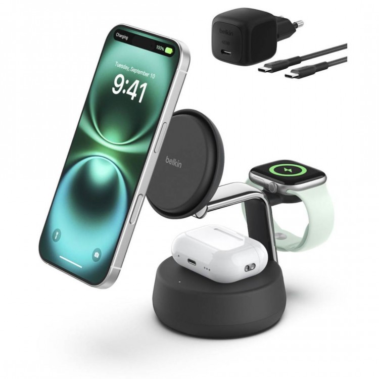 BELKIN UltraCharge Pro 25W Qi2 3-σε-1, MagSafe Σταθμός Ασ΄υρματης φόρτισης - ΜΑΥΡΟ - WIZ040kqCH