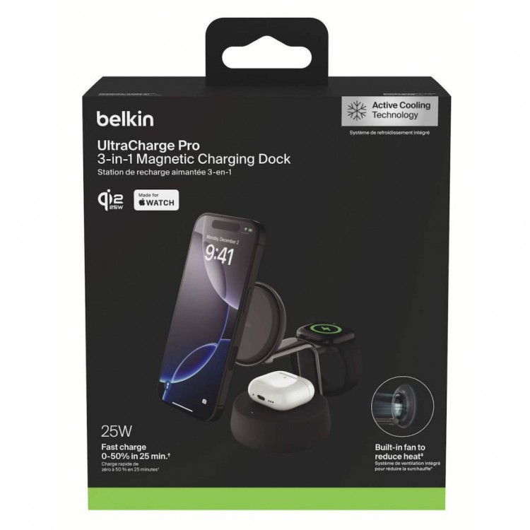 BELKIN UltraCharge Pro 25W Qi2 3-σε-1, MagSafe Σταθμός Ασ΄υρματης φόρτισης - ΜΑΥΡΟ - WIZ040kqCH