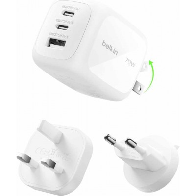 Belkin  3-θύρες 70W GaN, 2xUSB-C/1xUSB-A PD 3.1 Ταχυ-Φορτιστ΄ής με PPS/PD BoostCharge για APPLE iPhone, MacBook, iPad Pro, Samsung Galaxy, Pixel - ΛΕΥΚΟ - WCH018HQWH  Belkin  3-θύρες 70W GaN, 2xUSB-C/1xUSB-A PD 3.1 Ταχυ-Φορτιστ΄ής με PPS/PD BoostCharge για APPLE iPhone, MacBook, iPad Pro, Samsung Galaxy, Pixel - ΛΕΥΚΟ - WCH018HQWH