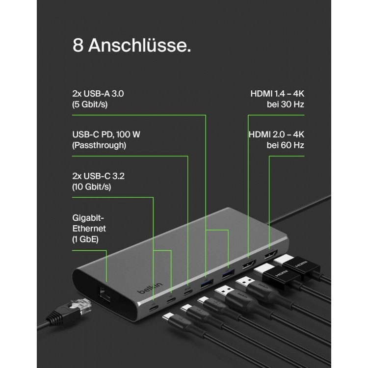 BELKIN Connect Universal USB-C 8-IN-1 DUAL DISPLAY Monitor HUB, 100W PD - INC015BTSGY-CZ