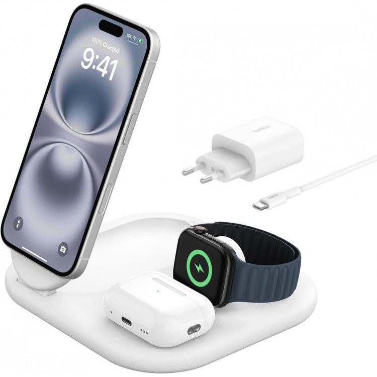  Belkin BoostCharge Inductive Qi2 3-in-1 15W MagSafe Foldable Charger with Stand for Apple iPhone, Apple Watch, AirPods with Power Supply - White - WIZ029VFWH