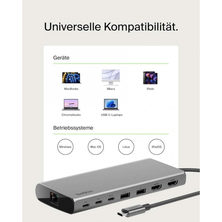 BELKIN Connect Universal USB-C 8-IN-1 DUAL DISPLAY Monitor HUB, 100W PD - INC015BTSGY-CZ