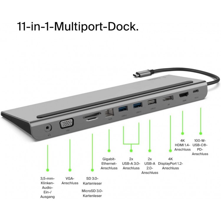 Belkin USB-C Hub, 11-in-1 MultiPort Adapter Dock with 4K HDMI, DisplayPort, VGA, and 100W for Charging, 3x USB A, Gigabit Ethernet, SD, MicroSD, 3.5mm Jack for Devices - INC004btSGY