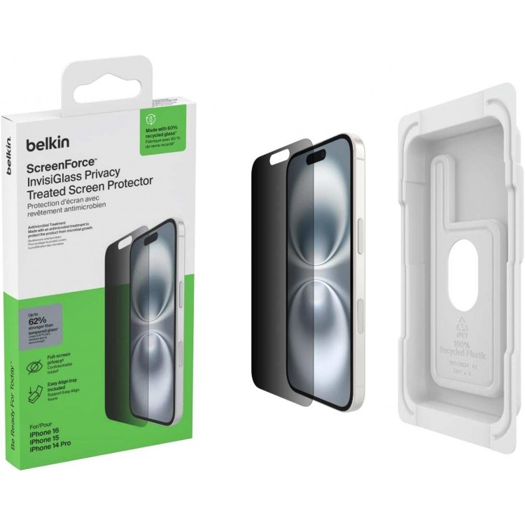 BELKIN ScreenForce Recycled Invisiglass TEMPERED GLASS Privacy Anti-Microbial Screen Protection for APPLE  iPhone 16/15/14 Pro - OVA167hq