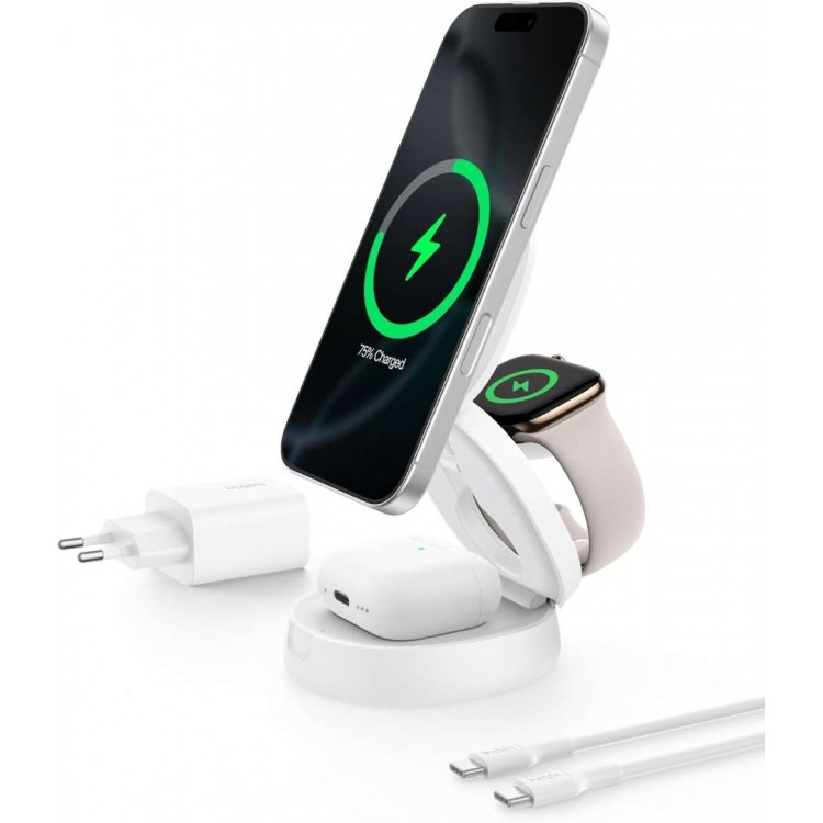 Belkin BoostCharge Inductive Qi2 3-in-1 15W MagSafe ρυθμιζόμενη βάση φόρτισης για Apple iPhone 17 Series, Apple Watch, Pixelsnap, AirPods με 30W τροφοδοτικό - ΛΕΥΚΟ - WIZ034kqWH