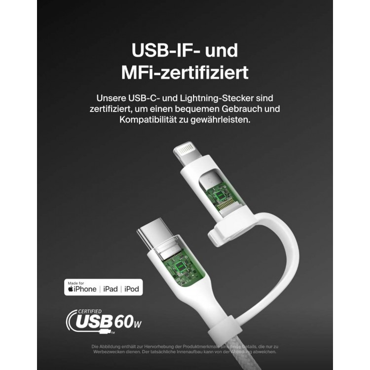 Belkin 2-σε-1 USB-C & Lightning Braided Καλώδιο γρήγορης φόρτισης για Apple iPhone, iPad, Samsung - ΛΕΥΚΟ - CAC003hq1.5MWH