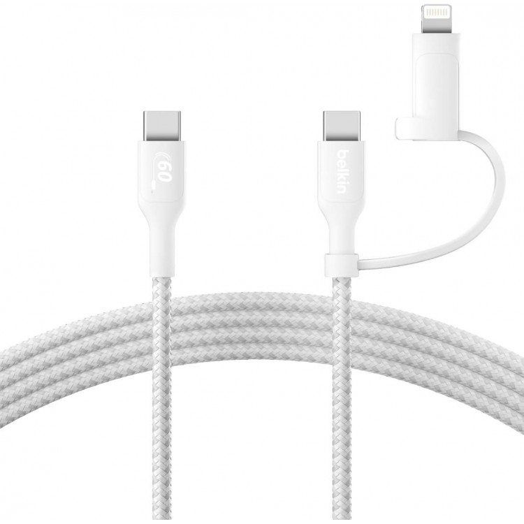 Belkin 2-σε-1 USB-C & Lightning Braided Καλώδιο γρήγορης φόρτισης για Apple iPhone, iPad, Samsung - ΛΕΥΚΟ - CAC003hq1.5MWH