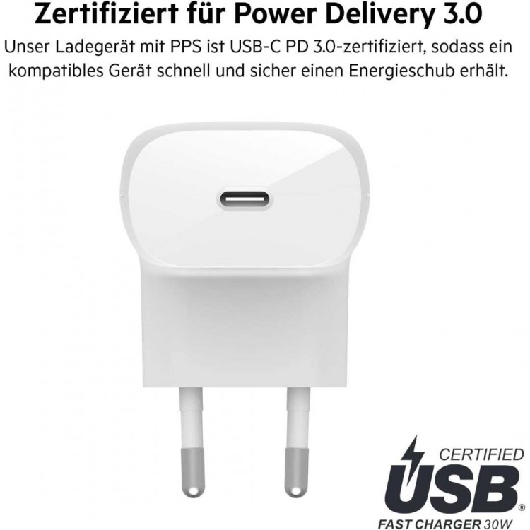 Belkin WCA005vf1MWH-B6 BOOST↑CHARGE™ USB-C® PD 3.0 PPS Οικιακός φορτιστής 30W + USB-C® καλώδιο - Λευκό