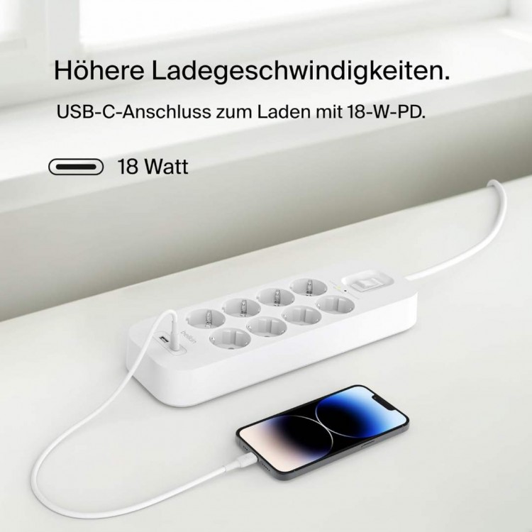 Belkin SRB003vf2M Surge Protector with USB-C® and USB-A Ports (8 Outlets with 1 USB-A & 1 USB-C)Λευκό