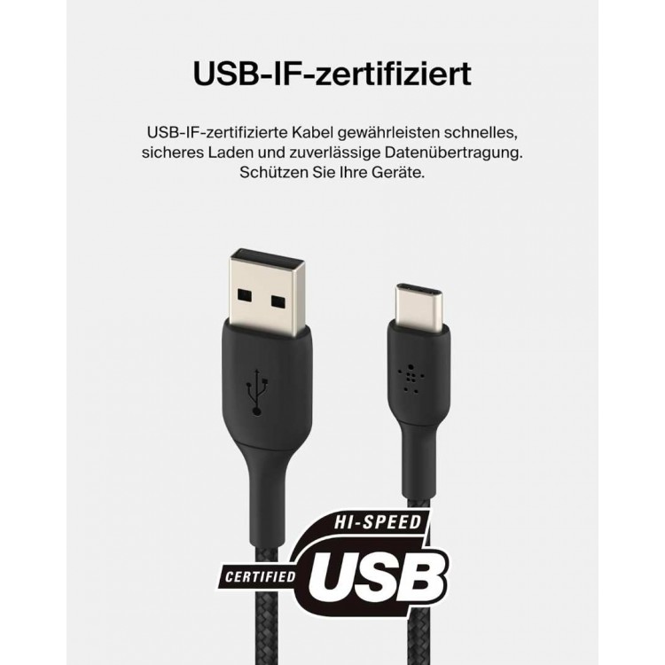 Belkin CAB002bt3MBK Braided USB-C to USB-A Cable (3m)Μαύρο