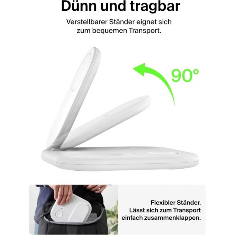 Belkin BoostCharge Inductive Qi2 3-in-1 15W MagSafe Foldable Charger with Stand for Apple iPhone, Apple Watch, AirPods with Power Supply - White - WIZ029VFWH