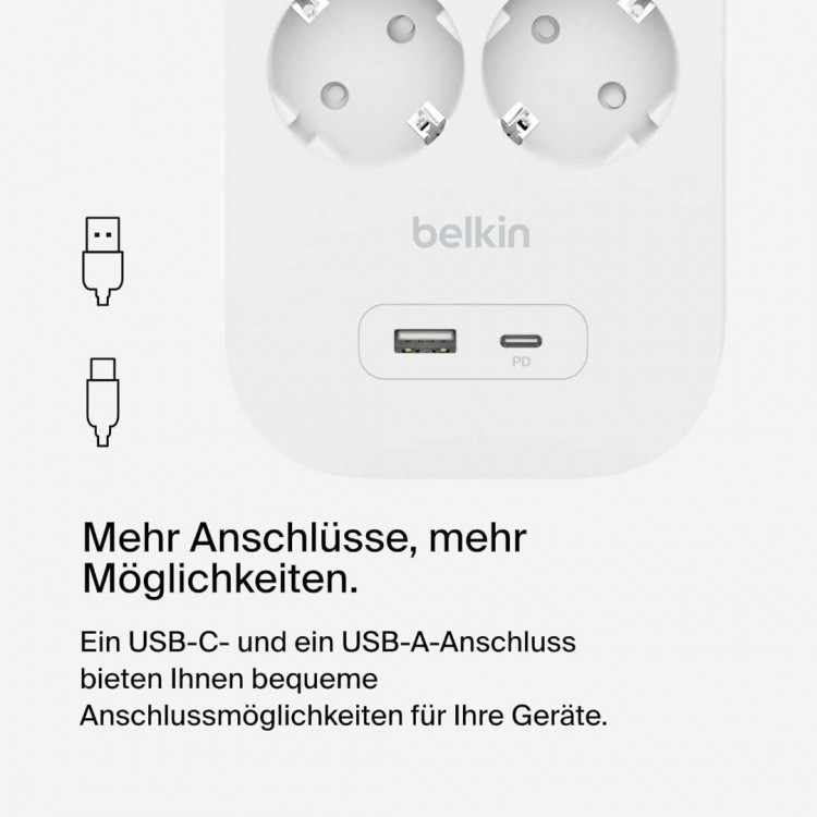 Belkin SRB002vf2M Surge Protector with USB-C® and USB-A Ports (6 Outlets with 1 USB-A & 1 USB-C)Λευκό