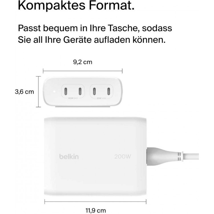 BELKIN 200W USB-C GAN CHARGER  4-θυρες  με 1.5Μ. καλώδιο - ΛΕΥΚΟ - WCH015VFWH