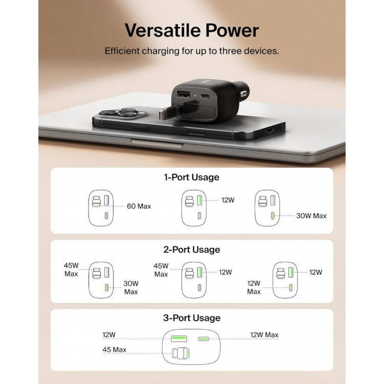 Belkin BOOSTCHARGE 75W USB-C Ταχυφορτιστής αυτοκινήτου με ανασυρόμενο 0.5m USB-C καλώδιο - ΜΑΥΡΟ - CCC001hqBK