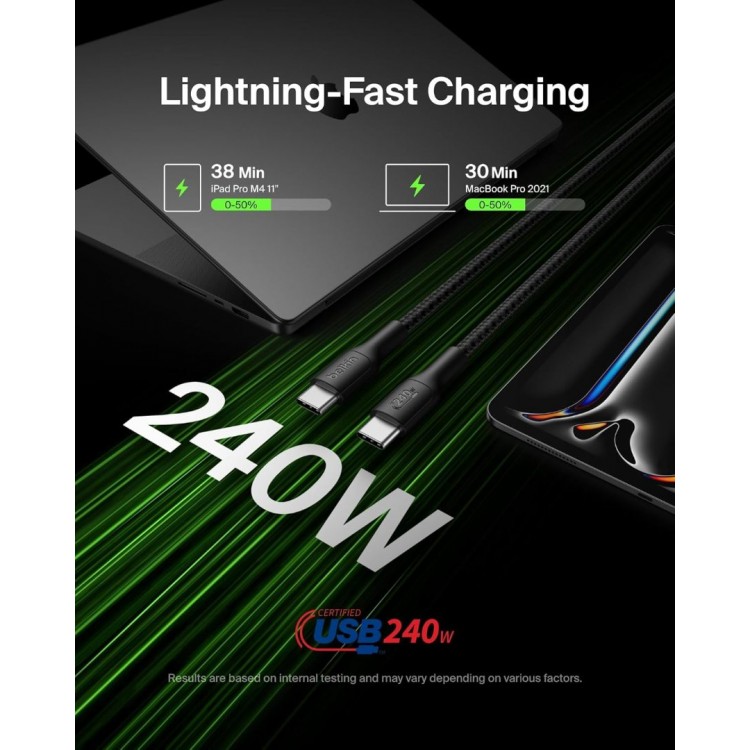 Belkin BOOST↑CHARGE™ PRO USB-C® σε USB-C Braided silicone Καλώδιο 240W, για APPLE iPhone 16, Galaxy S25, Pixel 9, MacBook, iPad Pro - Μαύρο - CAB025HQ3MBK