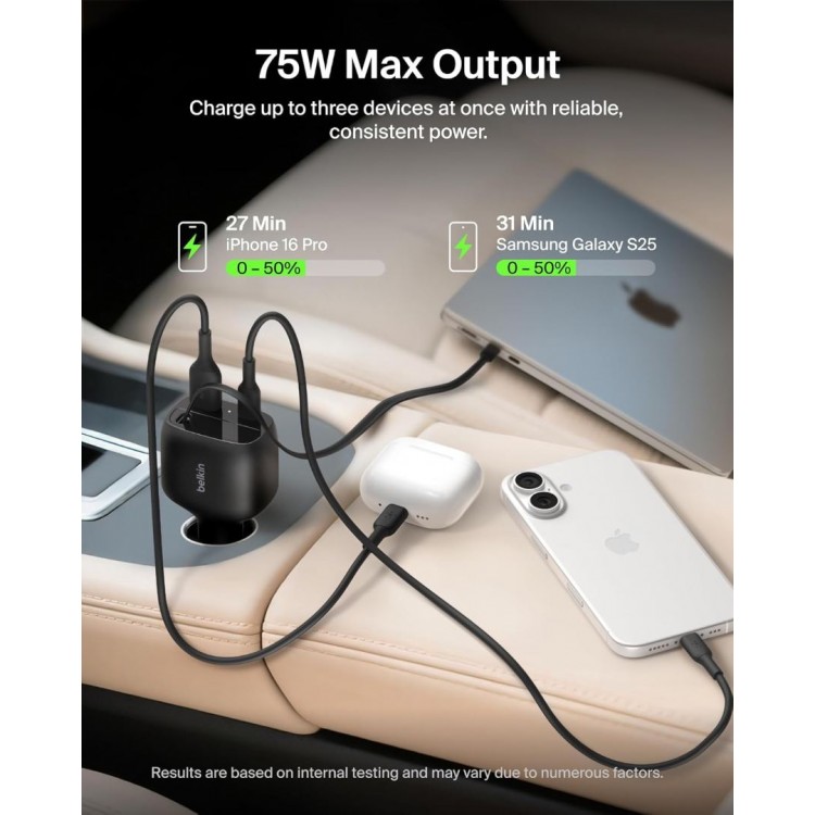 Belkin BOOSTCHARGE 75W USB-C Ταχυφορτιστής αυτοκινήτου με ανασυρόμενο 0.5m USB-C καλώδιο - ΜΑΥΡΟ - CCC001hqBK