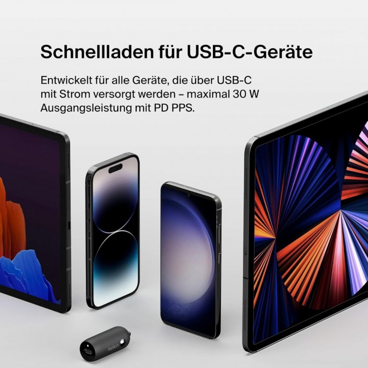  Belkin BoostCharge 30W Ταχυφορτιστής αυτοκινήτου, Compact με USB-C PPS Power Delivery, για Apple iPhone, Galaxy, iPad, Google Pixel - ΜΑΥΡΟ - CCA004btBK