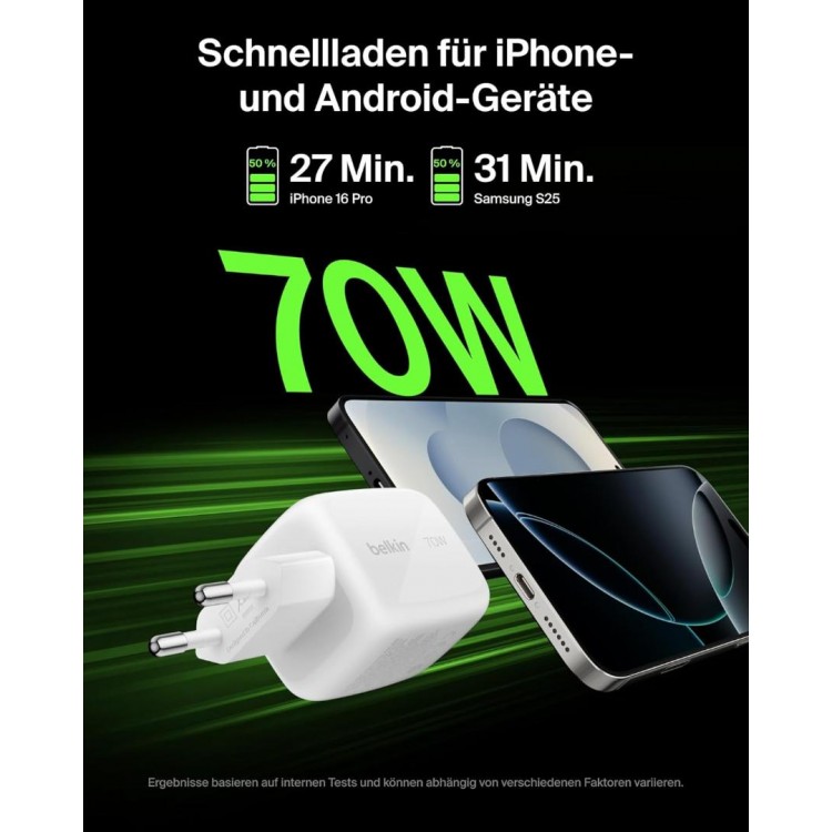  Belkin  3-θύρες 70W GaN, 2xUSB-C/1xUSB-A PD 3.1 Ταχυ-Φορτιστ΄ής με PPS/PD BoostCharge για APPLE iPhone, MacBook, iPad Pro, Samsung Galaxy, Pixel - ΛΕΥΚΟ - WCH018HQWH